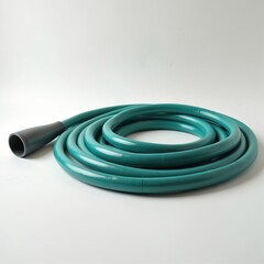 Naklejka premium Green plastic hose coiled with grey nozzle on white studio background. Flexible water pipe used for home gardening, cleaning, irrigation, firefighting operations. Ensures strong water flow, pressure