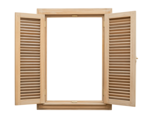 Open wooden shutters on a window frame with a black background