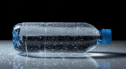 A clear plastic water bottle covered in cold condensation sitting on a bright reflective surface. Essential source of clean hydration ,active ,fitness ,gymnasium