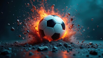 Fototapeta premium Soccer ball explodes with fire and debris flying outward. Intense action and energy is captured in this dynamic sports graphic. Dynamic event symbolizes game impact.