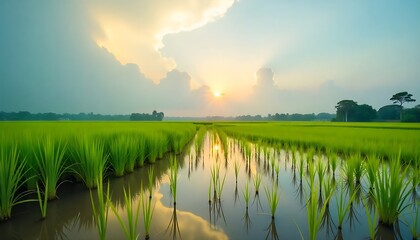 Rice land during waterlogged season with reflection of sky