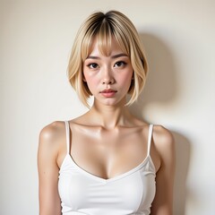 smiling blonde woman portrait in studio
