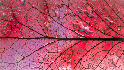 Obraz premium Close-up of Decaying Veined Leaf with Water Droplets on Red Background