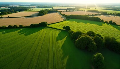 Texture rich aerial view: mixed mosaic of orchards, cropland, pastures and Green Grass Land
