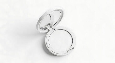 Open white compact powder case with mirror on white background makeup cosmetic