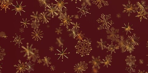 Abstract design of golden snowflakes against a dark red backdrop, ideal for seasonal greetings, winter themes, holiday projects, and festive pro