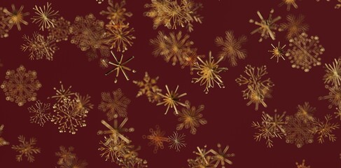 Festive abstract background featuring gold snowflakes on a deep red backdrop. Perfect for Christmas, New Year, or winter holiday design projects