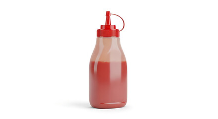 Red squeeze bottle filled with red sauce on white background Keywords: bottle, squeeze, red, sauce, condiment, plastic, container, filled, liquid, product, mockup, isolated, studio shot, clean