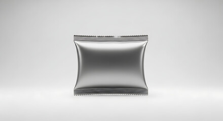 Shiny silver foil packet with sealed edges against a gradient background metallic