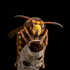 A close-up shot of a hornet showcasing its formidable and territorial instinct, ready to defend its nest with powerful venomous sting ,close-up ,compound eye ,defense