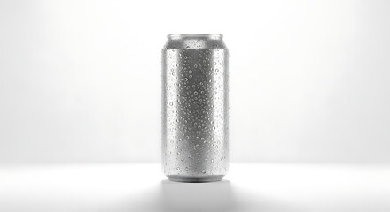 Silver Aluminum Can Covered in Water Droplets on White Background drink beverage