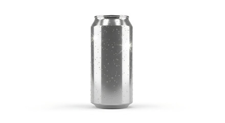 Silver Aluminum Soda Can with Water Droplets and Sparkles on White Background drink beverage