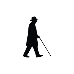 Elegant Silhouette of an Elderly Man Walking with a Cane