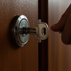 A close-up shot of a metallic key being inserted into a lock cylinder on a wooden door, emphasizing security and access ,beginning ,access ,essential