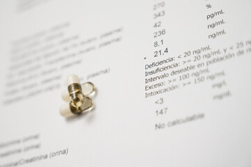 Pills and medical test results for health deficiency