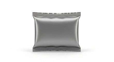 Silver foil snack packet with sealed edges on a white background metallic