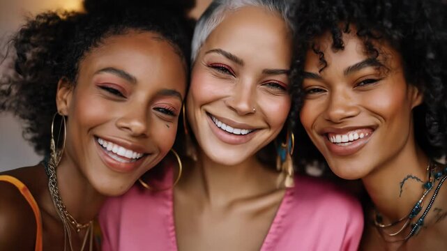 Three women smiling in a close-up, embracing friendship
