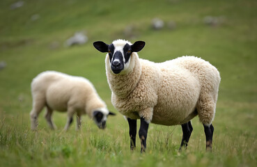 Obraz premium Brillenschaf sheep grazing in mountain meadow. White sheep with black markings on a green pasture in Alps. Rural scene with sheep in summer field.