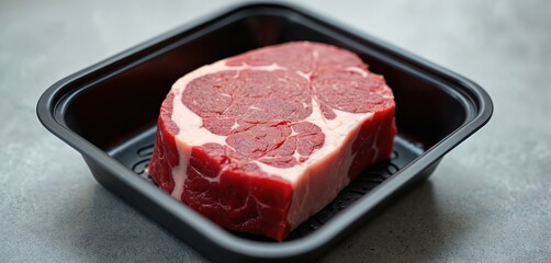 Thick raw beef steak with marbling sits in black tray. Ready for cooking or sale, this prime cut offers delicious meal prep potential. Perfect for butcher shops grocery stores and restaurants.