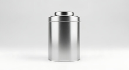 Silver metal tin can with lid for tea or coffee on white background Keywords: tin, can, metal, silver, container, lid, cylindrical, storage, food, drink, coffee, tea, product, mockup, isolated