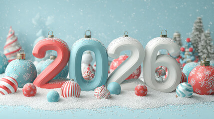 Blue red white numbers 2026 surrounded by Christmas ornaments, ribbons and snow with blue snow festive background.