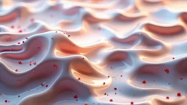 Dynamic fluid motion with vibrant red droplets creating a mesmerizing, flowing abstract texture perfect for science or beauty concepts