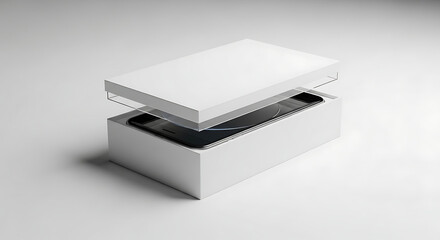 Smartphone Inside an Open White Product Box with Clear Plastic Insert on White Background mobile phone
