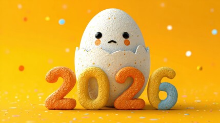 Cute cartoon chicken hatching from egg with colorful numbers 2026, bright playful composition and joyful new year theme.