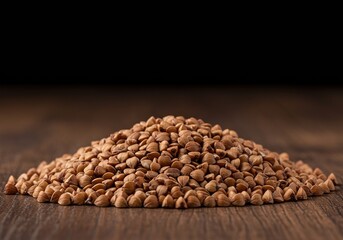 A close-up shot of raw brown buckwheat groats piled neatly on a rustic wooden surface, highlighting texture and ready for baking or cooking ,macro ,groats ,kasha