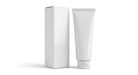 White cosmetic tube and matching box on white background cream lotion