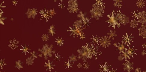 Festive abstract background of golden snowflakes against a burgundy backdrop. Perfect for Christmas or winter holiday designs. Use for greetings