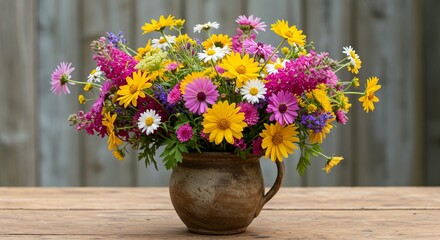 A rustic ceramic jug holds a vibrant bouquet of mixed wildflowers in shades of yellow, pink, purple, and white against a wooden backdrop.
