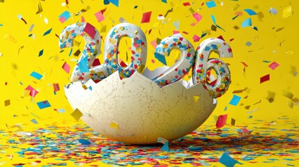 Bright glossy numbers 2026 breaking out of egg shell with confetti explosion and vibrant background, festive concept of new year celebration and creative design