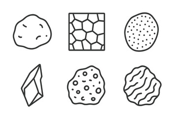 Volcanology Icon Collection. Line style icons of volcanology: igneous rock sample, basalt texture, pumice stone, obsidian shard,