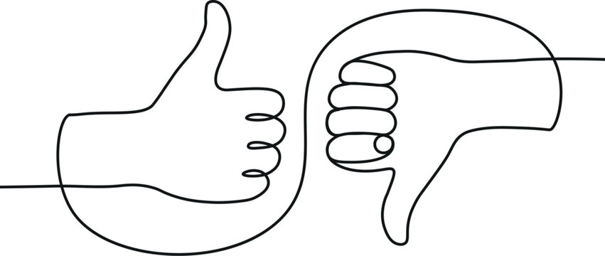 Continuous one line drawing of thumbs up and thumbs down gesture, minimalist vector symbol of like and dislike, good and bad, editable stroke, white background.