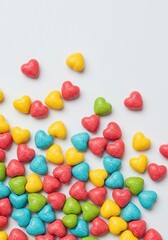 A close-up studio shot of small, brightly colored confectionery pieces shaped like hearts, scattered across a white background, perfect for holiday backdrops ,romance ,colorful ,variety