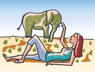 Hand Drawn Relaxing Woman and Distant Elephant in Nature