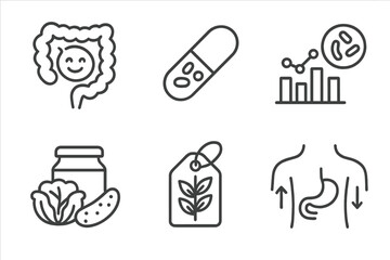 Nutrition Science Icons. Line style icons of nutrition science: gut health and probiotics, probiotic capsule icon, gut bacteria
