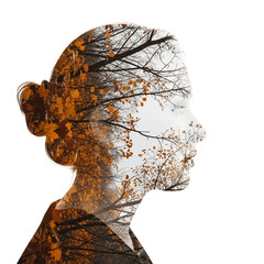 Double Exposure Head Silhouette with Autumn Leaves on Transparent Background