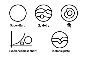 Exoplanet Line Icons. Line style icons of exoplanets: super-Earth icon, rocky terrain, thick atmosphere, exoplanet mass chart,