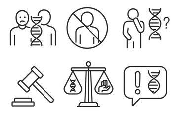 Cloning Tech Line Icons. Line style icons of cloning technology: ethical concerns, human clone ban, moral dilemma icon, legal