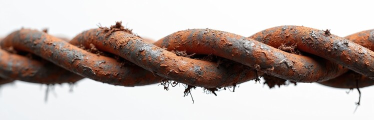 Fototapeta premium Old rusty metal armature close-up shot. Twisted corroded steel bar surface shows heavy decay, reddish-brown rust. Industrial material detail on white background. Weathered iron texture, aged,