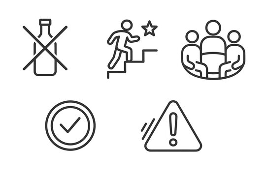Mental Health Icons. Line style icons of mental health: substance abuse and recovery, crossed bottle icon, recovery steps icon,
