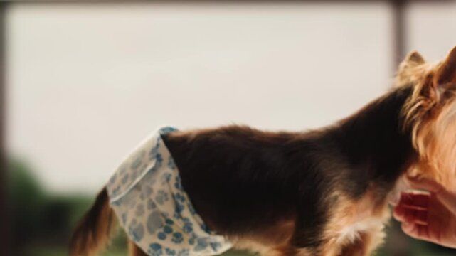Yorkshire terrier at grooming salon, woman grrom small cute dog, happy animal life.