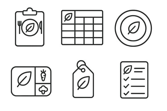 Vegan Diet Icons. Line style icons of vegan diet: vegan meal planning, weekly menu chart, portion size plate, meal prep container