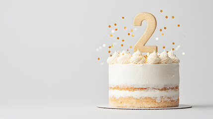 Stylish birthday cake with number 2 topper and golden accents, ideal for toddler birthdays, sweet table displays, or festive decor visuals.