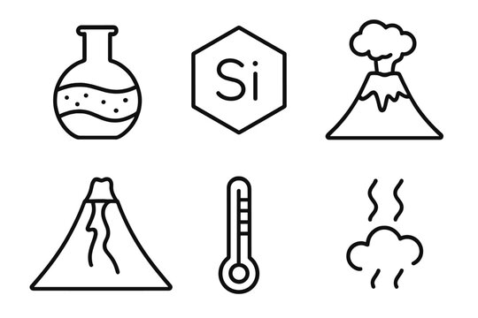 Volcanology Icon Set. Line style icons of volcanology: magma composition, silica content icon, felsic magma, mafic lava, viscosity