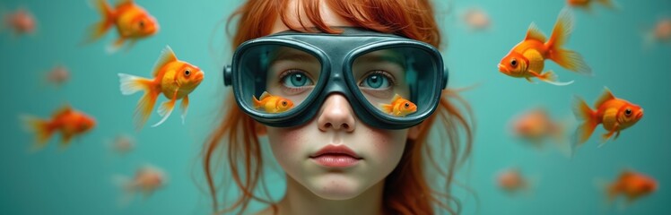 Young girl wears diving mask with goldfish inside. Surreal underwater scene features orange fish. Child explores marine life in creative conceptual art portrait. Futuristic aqua theme vision in