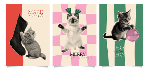 Obraz na płótnie Canvas Christmas trendy whimsical art collage greeting banner templates set. Funny vintage halftone cut out cats in antlers, with Christmas stocking, and xmas tree bauble. Retro grunge mixed media vector