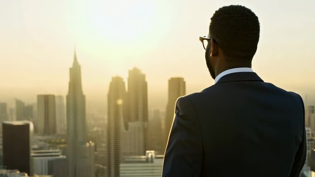 An African American businessman in a formal suit against the backdrop of skyscrapers. Businessman in tailored suit looks ahead with skyscrapers towering in the background.